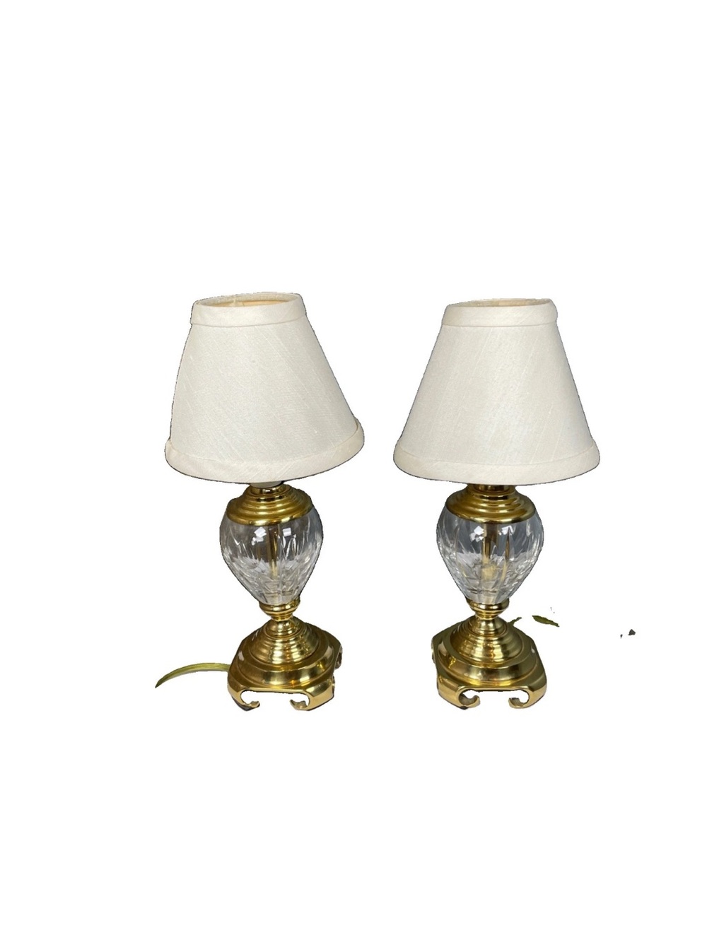 Pair Vintage Hollywood Regency Crystal Brass Boudoir Lamps Small Accent Mini 11”